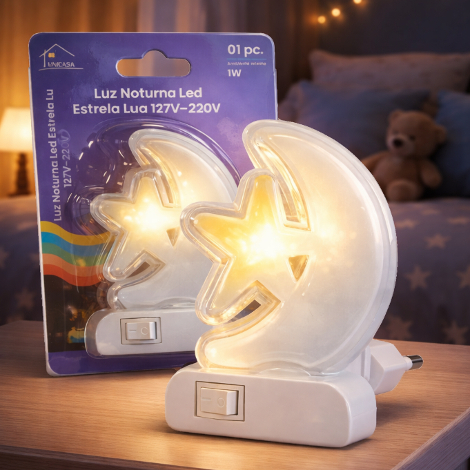 Imagem Luz Noturna LED Estrela e Lua 1W Bivolt Abajur Infantil com Luz Suave Relaxante para Quarto