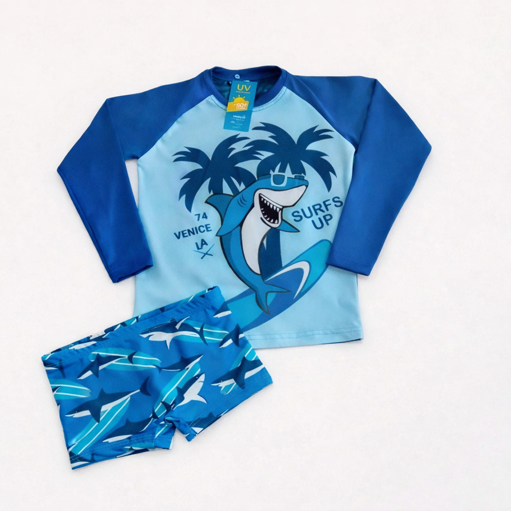 Kit Praia Infantil Masculino Camisa UV50+ Manga Longa + Sunga Tubarão