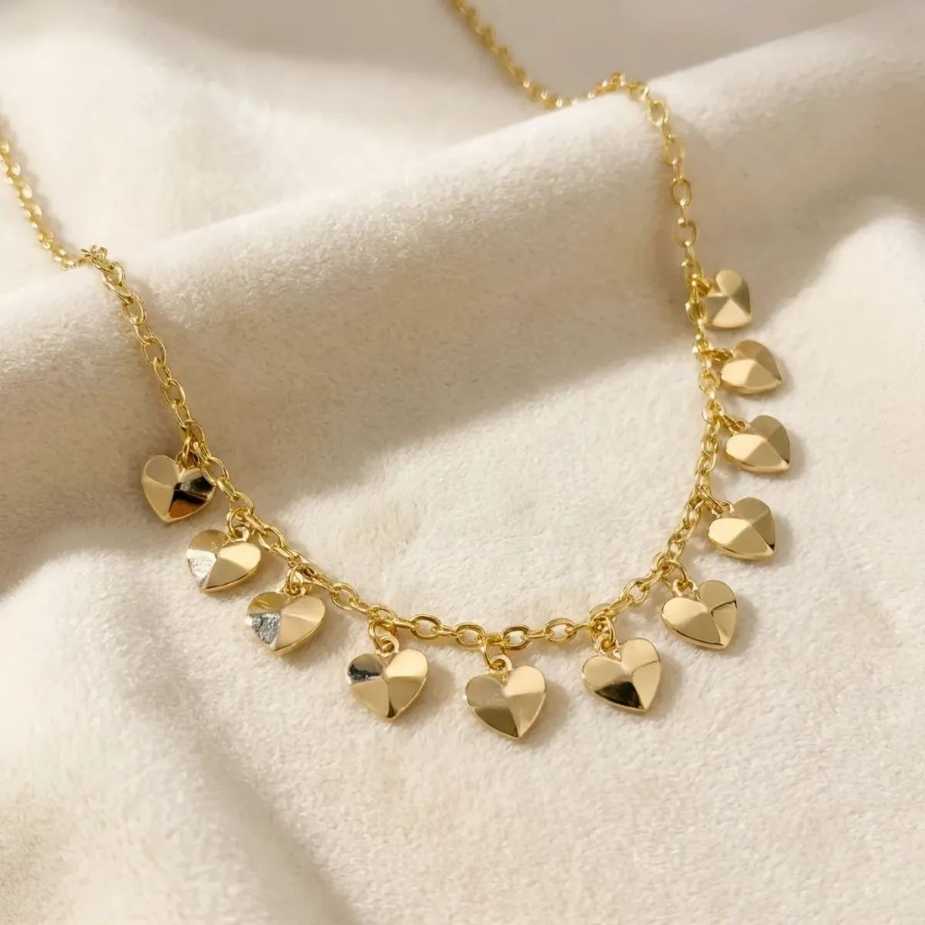 Colar Corrente Coração Choker folheado Ouro 18k Corações Paz Feminino Semijoia Hipoalergênicos