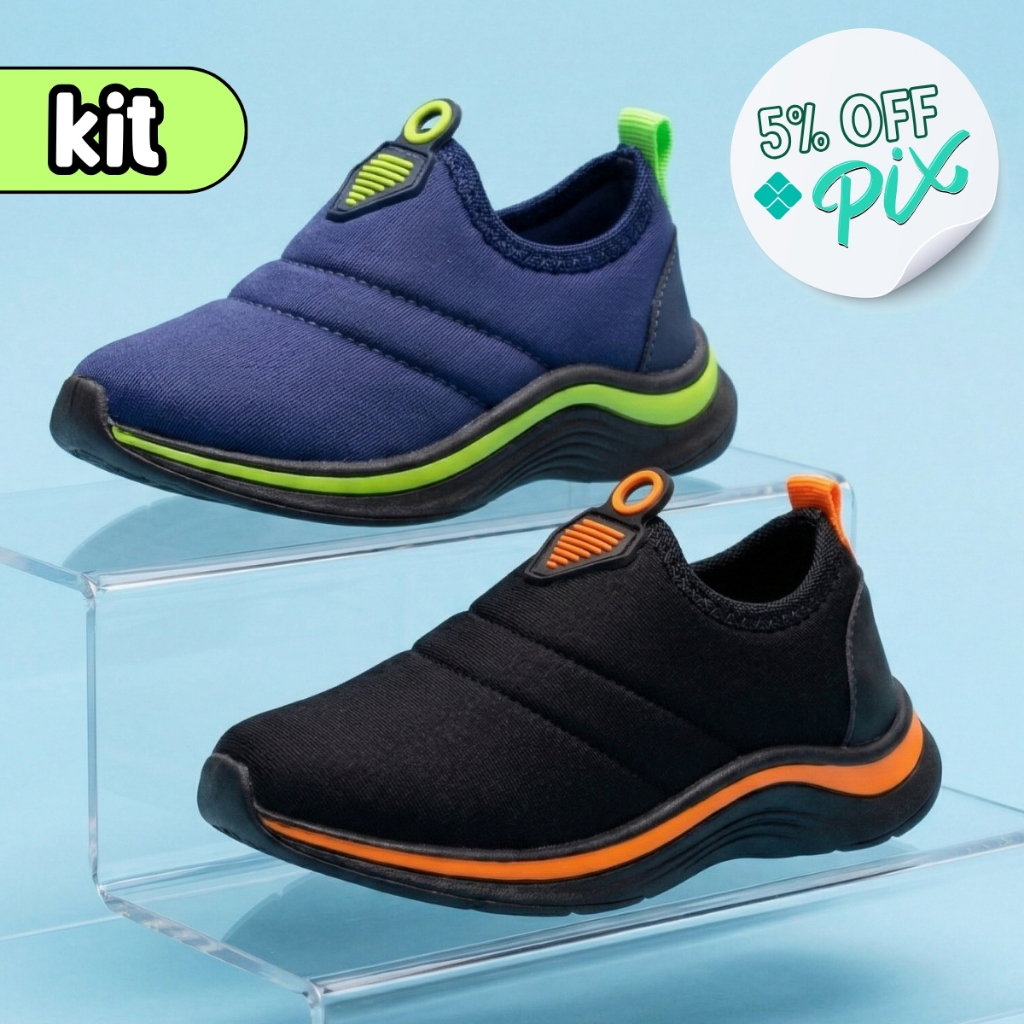 Kit 2 Pares Tênis Infantil Menino Calce Fácil Volta às Aulas Esporte e Escola Tamanho 20 ao 27 em Oferta na Shopee