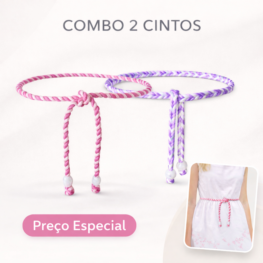 KIT 2 Cintos Infantil Trançado Rosa Duplo com Ponteiras Decorativas