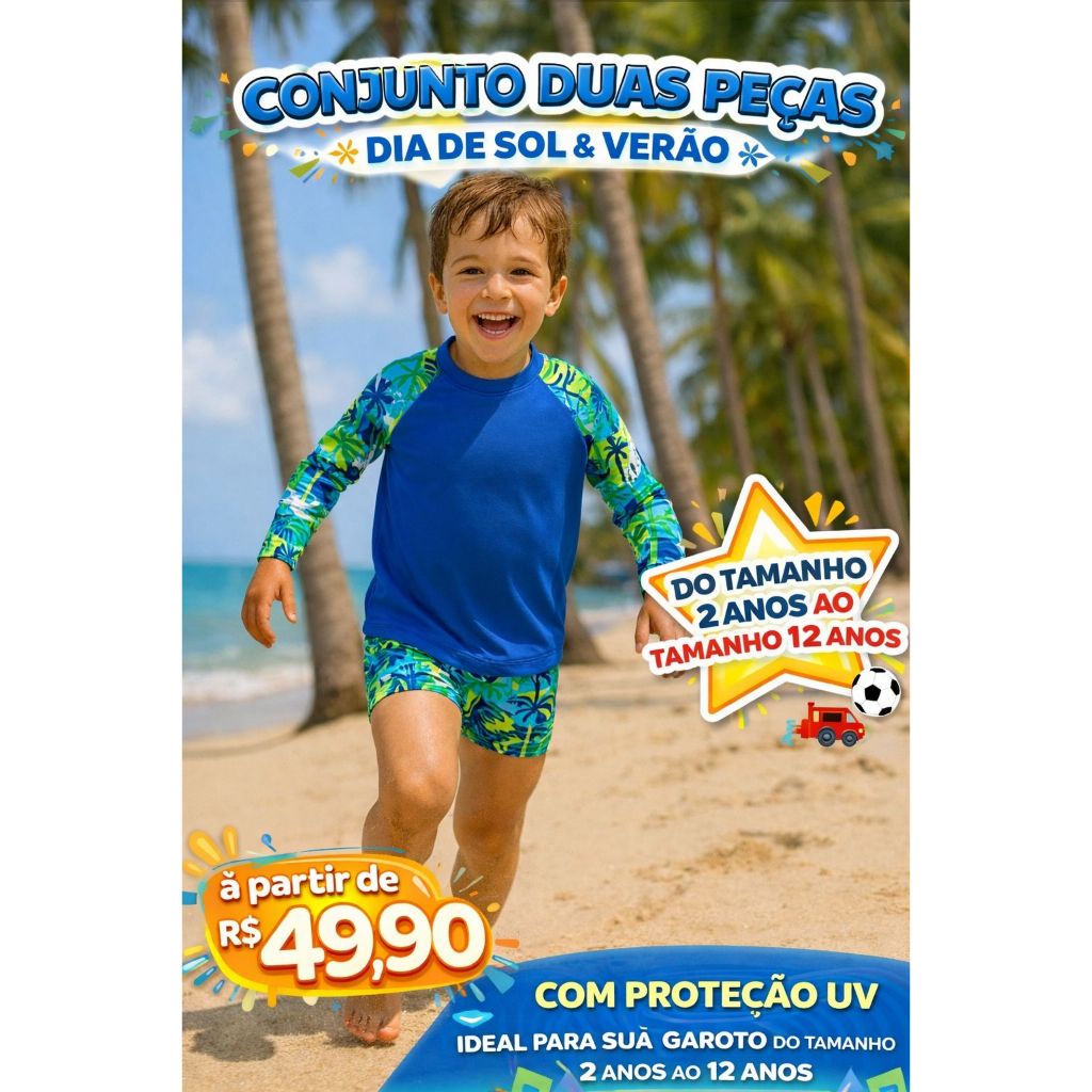 Conjunto Moda Praia e Piscina Camiseta Termica e Sunga com Forro Infantil 50 UV Verão
