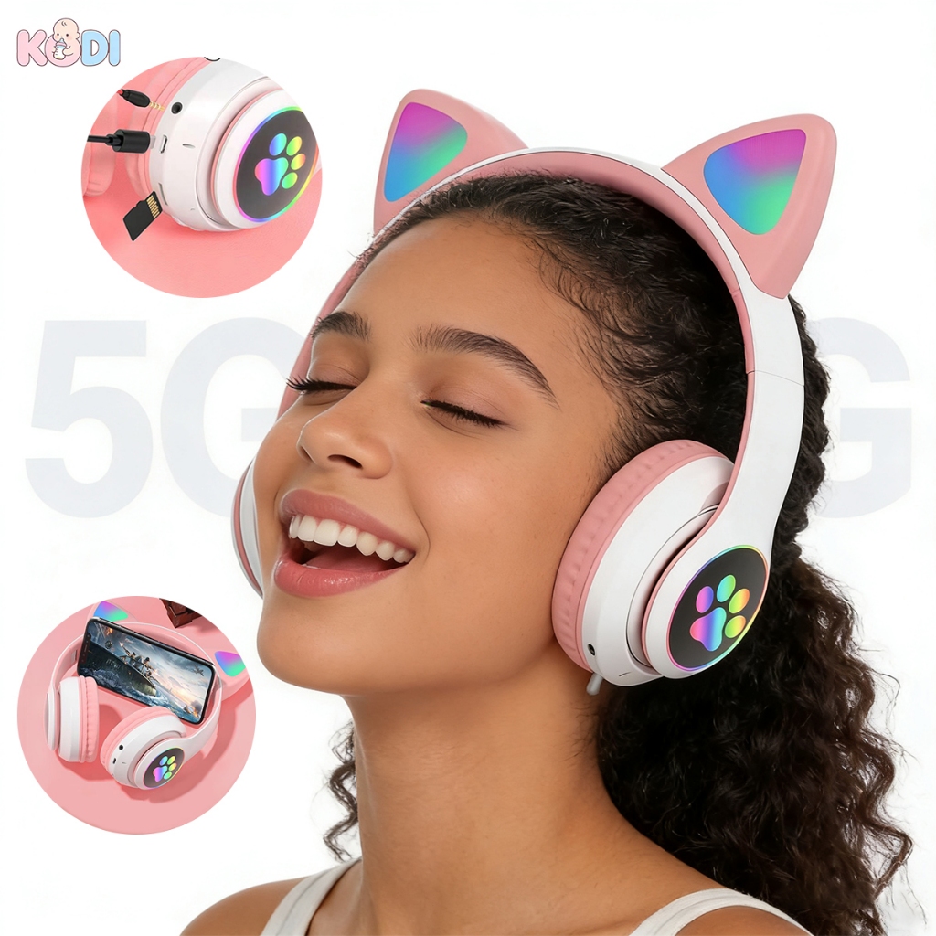 Fone Bluetooth com orelhas de gato LED/Fone Bluetooth de cabeça/Fone de ouvido Bluetooth 5.0  sobre a orelha 350mAh--X4