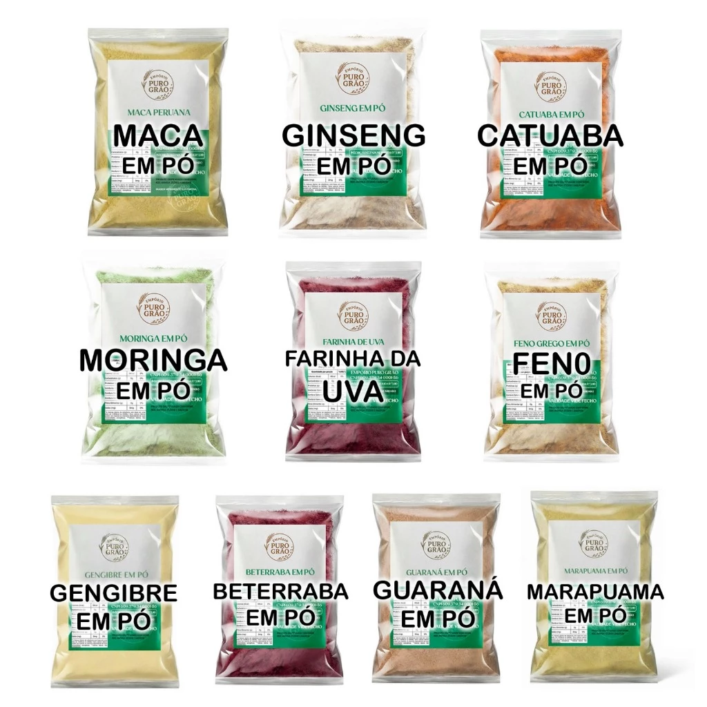 Pré Treino Natural Pó Kit 10 Itens Farinhas Beterraba Guaraná Uva Gengibre e outros...