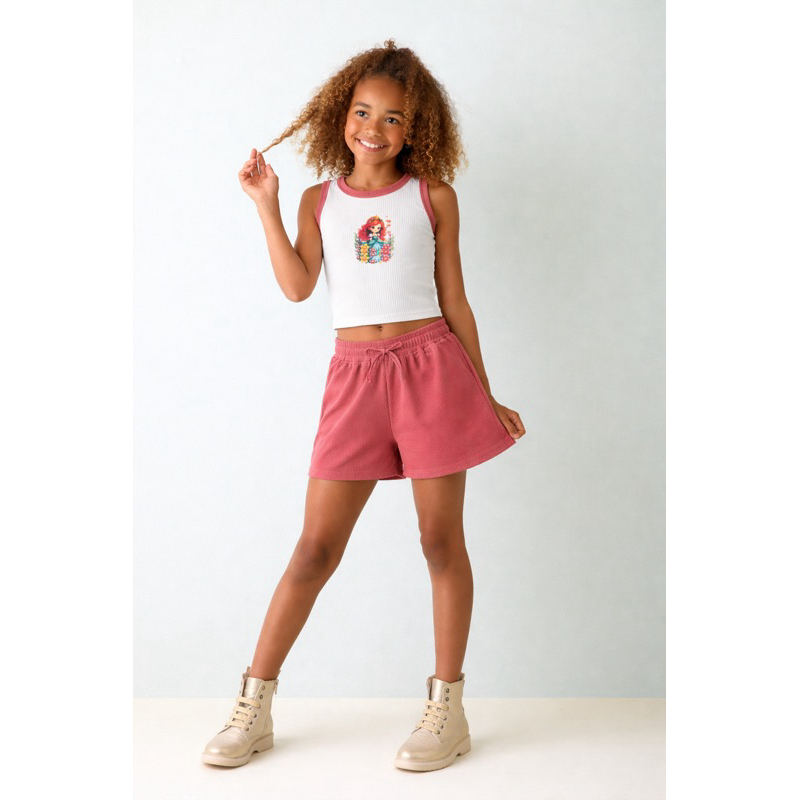 Conjunto Infantil Menina Verão – Blusa Canelada Estampada + Short Confortável