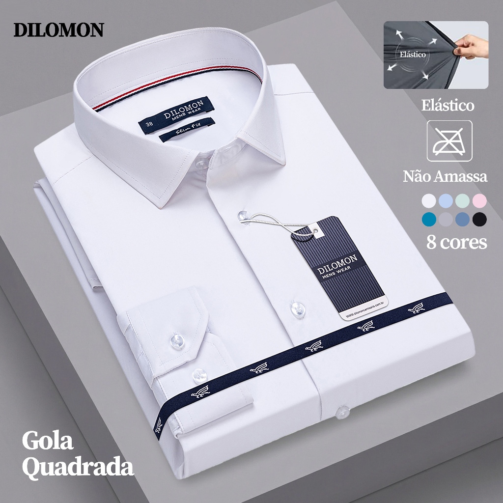 Dilomon Camisa Social Masculina Slim Não Amassa - Blusa Trabalho Branca Manga Longa Premium Brasil