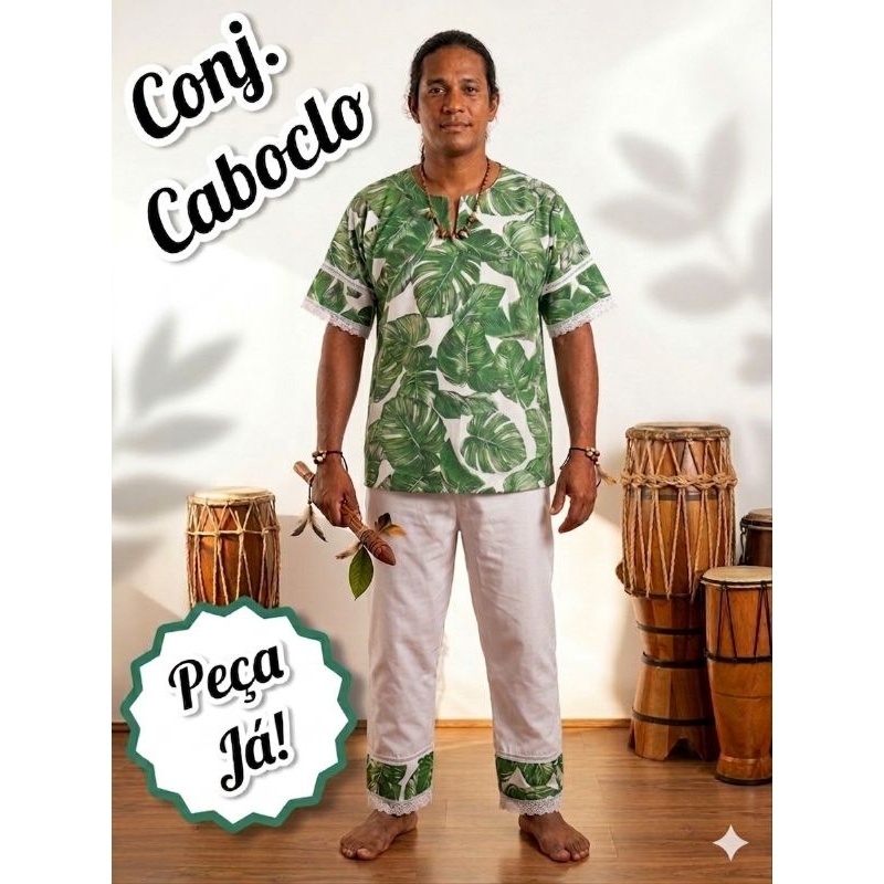 Conjunto de Caboclo Folhas Percal Umbanda/Candomblé/Omolokô Oxóssi Masculino