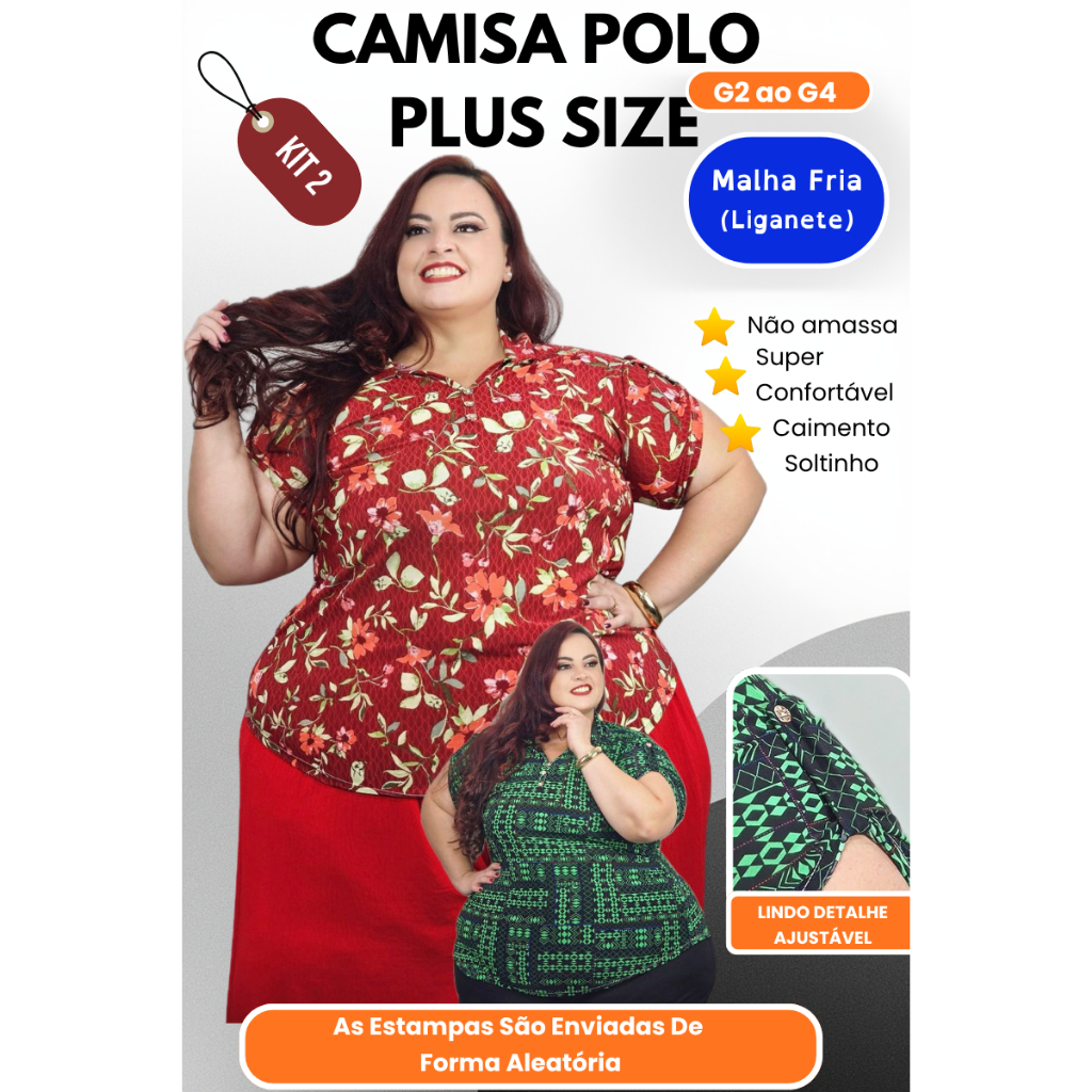 Kit 2 Camisas Polo Feminina Plus Size G2 ao G4 Malha Fria Não Amassa Caimento Solto Estampa Sortida
