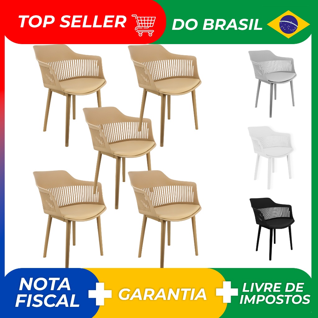 Kit 5 Cadeiras Marcela Montreal Mena Polipropileno com Estofado em Corino