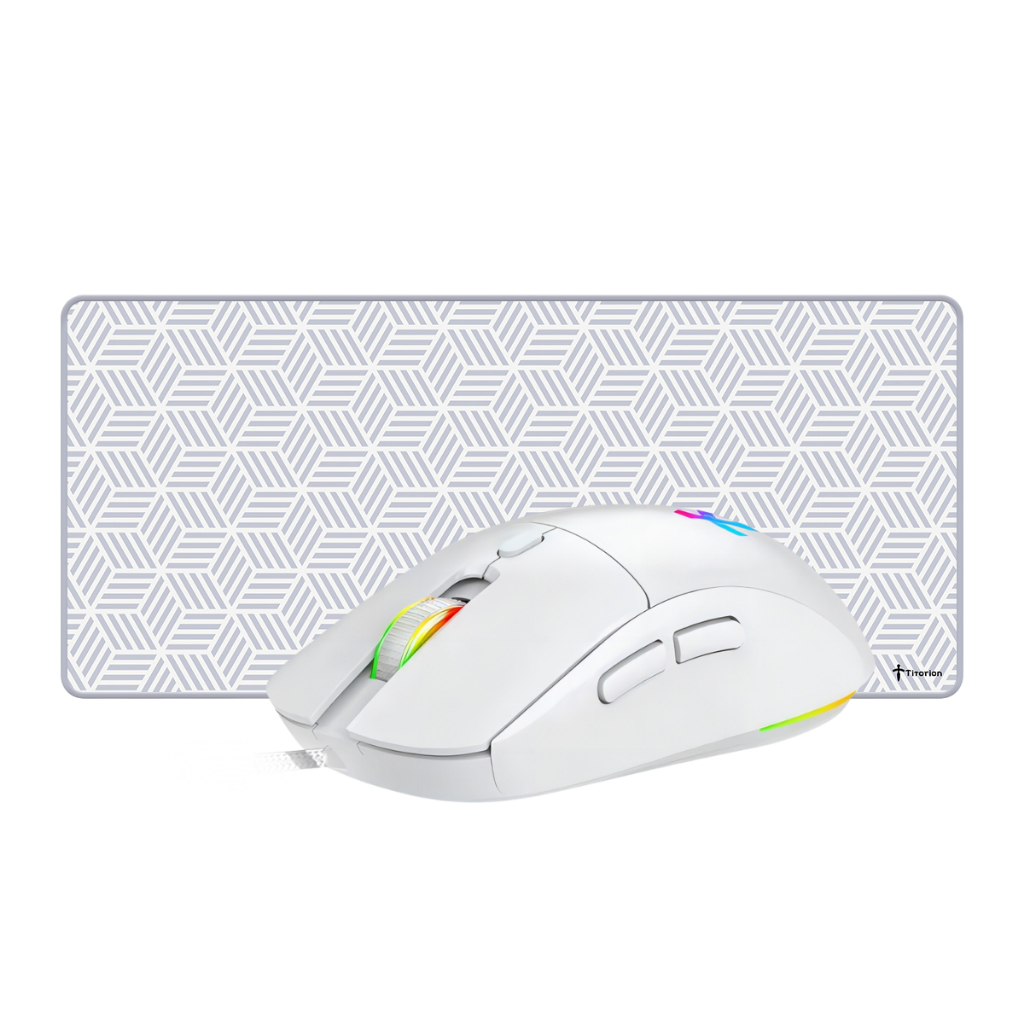 Kit Mousepad Extra Grande + Mouse Gamer com fio USB RGB Deskpad Speed Preto Branco Hexágono Titorion