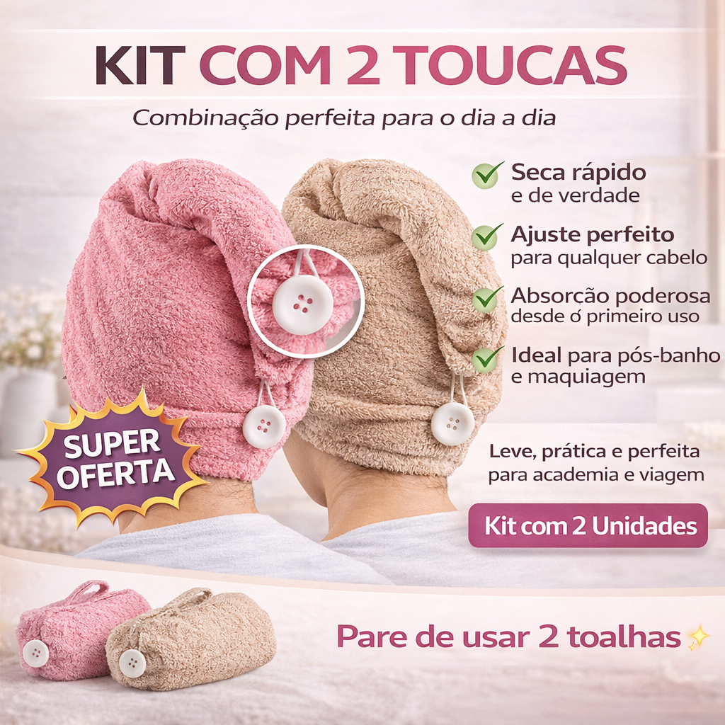 kit 2 toucas atoalhada Seca Cabelo 100% Algodão com ajuste de volume Maquiagem Academia Pós Banho