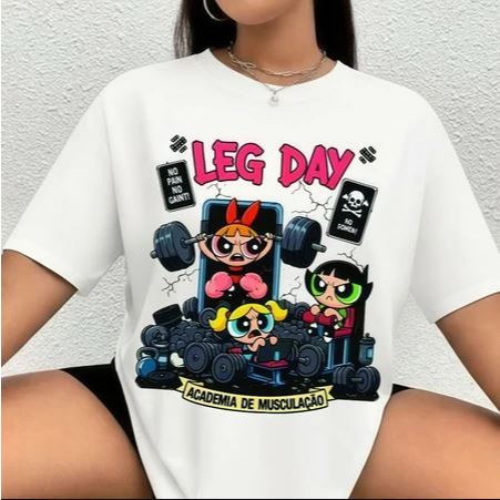 Camiseta 100% Algodão Treino Feminina Docinho Fitness Roupas de Academia Look de Treino Super Poderosas Treino Fofo