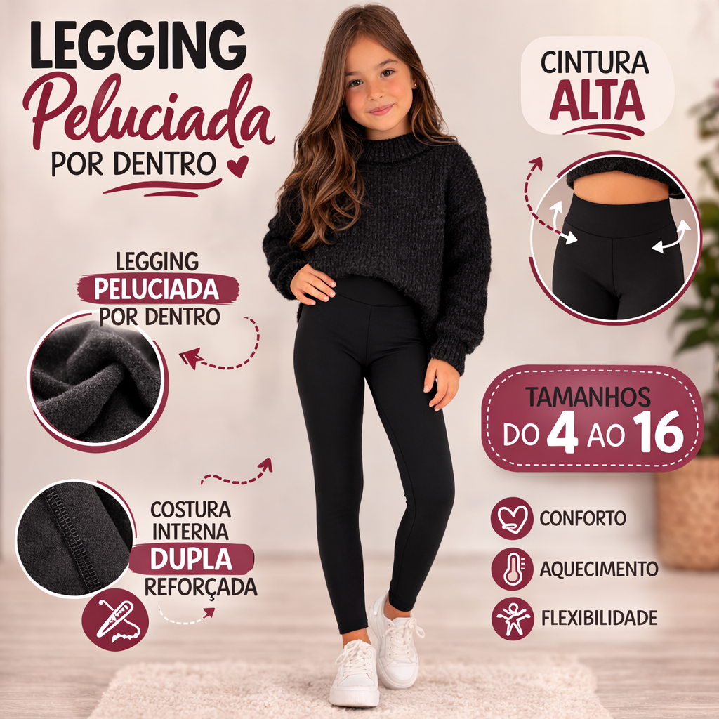 Legging Infantil Peluciada Inverno Cintura Alta Grossa Térmica Não Transparente Menina Tam 4 ao 16 em Oferta na Shopee