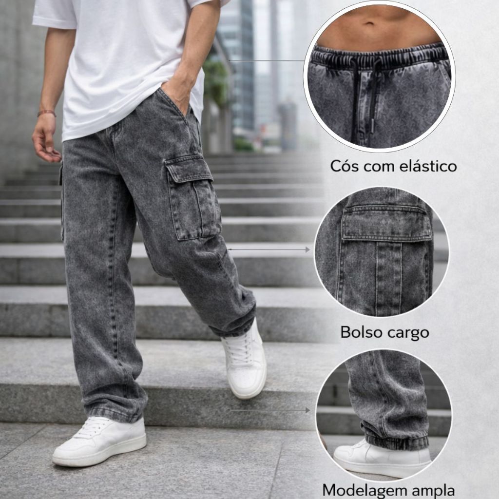 Calça Jeans Cargo Masculina Baggy Grafite 100% Algodão Cintura Elástica com Cordão Masculino Streetwear Boca Larga