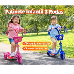 Patinete Infantil 3 Rodas com LED, Música, Cestinha – Regulável | Brinquedo Criança