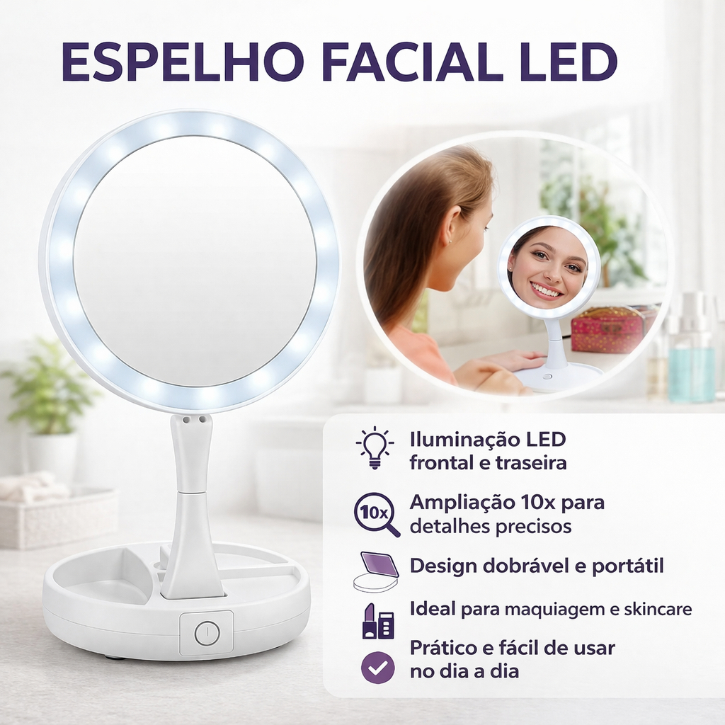 Espelho Camarim LED Articulável Aumento 10x Maquiagem Barbear Portátil Profissional