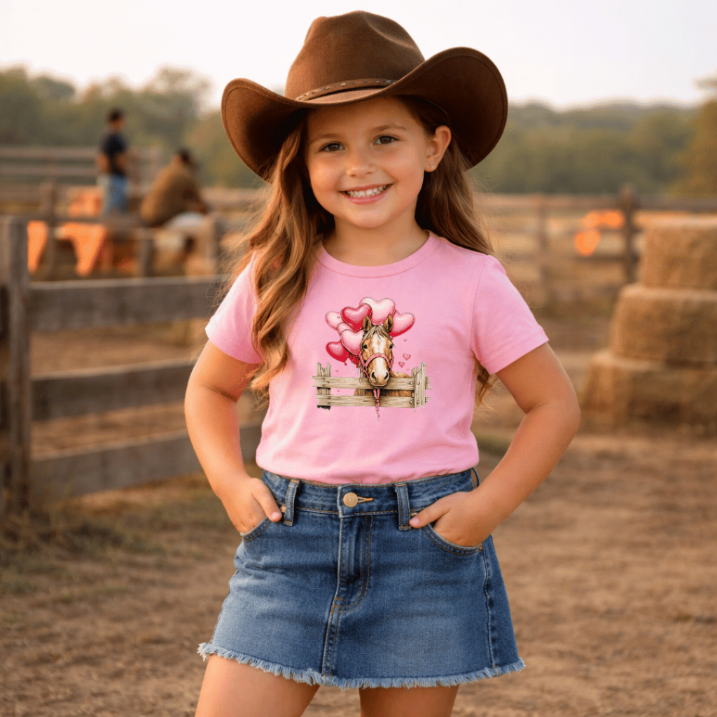 Camiseta Infantil Feminina 100% Algodão Estampa Country cavalo com Balões fofos em DTF Confortável Boiadeira Rodeio