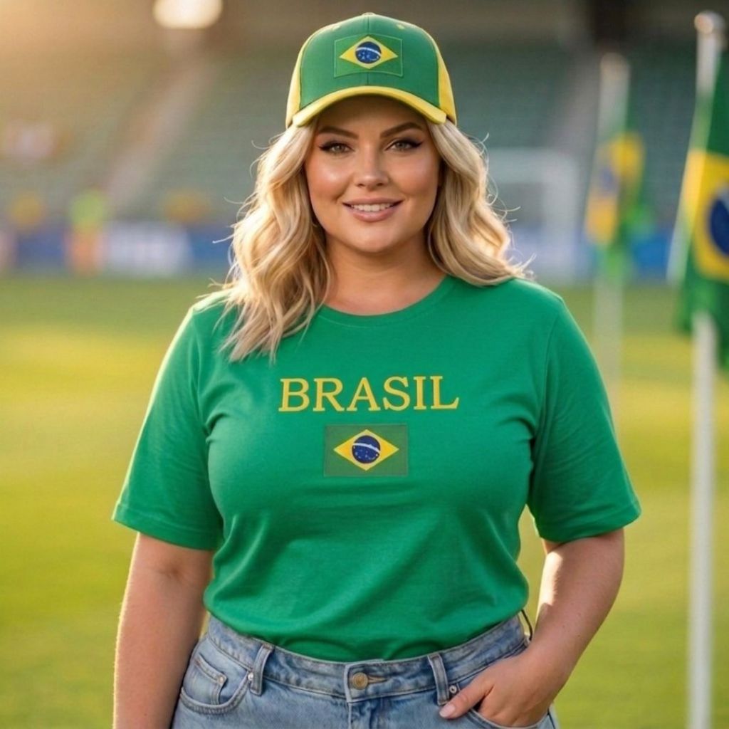 Camiseta Feminina Brasil Plus Size 100% Algodão Copa do Mundo Bandeira