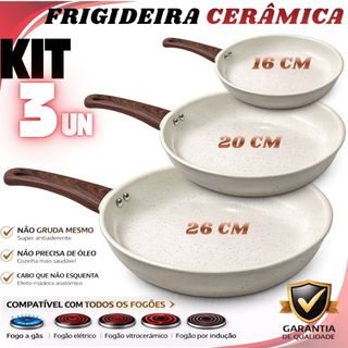 Kits 3/2/1 Frigideiras Indução Revestimento Cerâmico Creme Cabo Madeira Cozinha