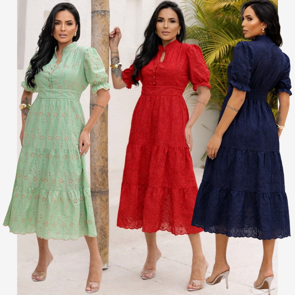 Vestido Feminino Evangélico Feito em Tecido Laise 100% Algodão com Manga Princesa e Botões