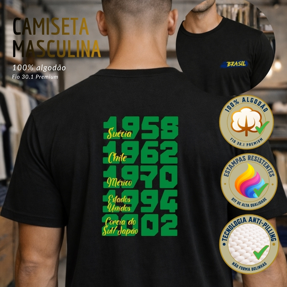 Camiseta Masculina Preta 100% algodão Brasil Campeão do Mundo Estampa Títulos Copa Futebol P ao XG