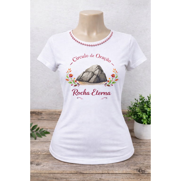 Camiseta Evangélica Feminina Círculo de Oração Rocha Eterna | Camiseta Cristã em Polielastano com Pérolas
