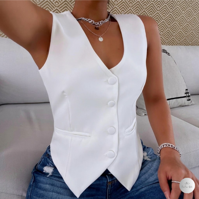 Colete Feminino Alfaiataria Com Bolso Falso em Oferta na Shopee