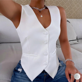 Colete Feminino Alfaiataria Com Bolso Falso em Oferta na Shopee