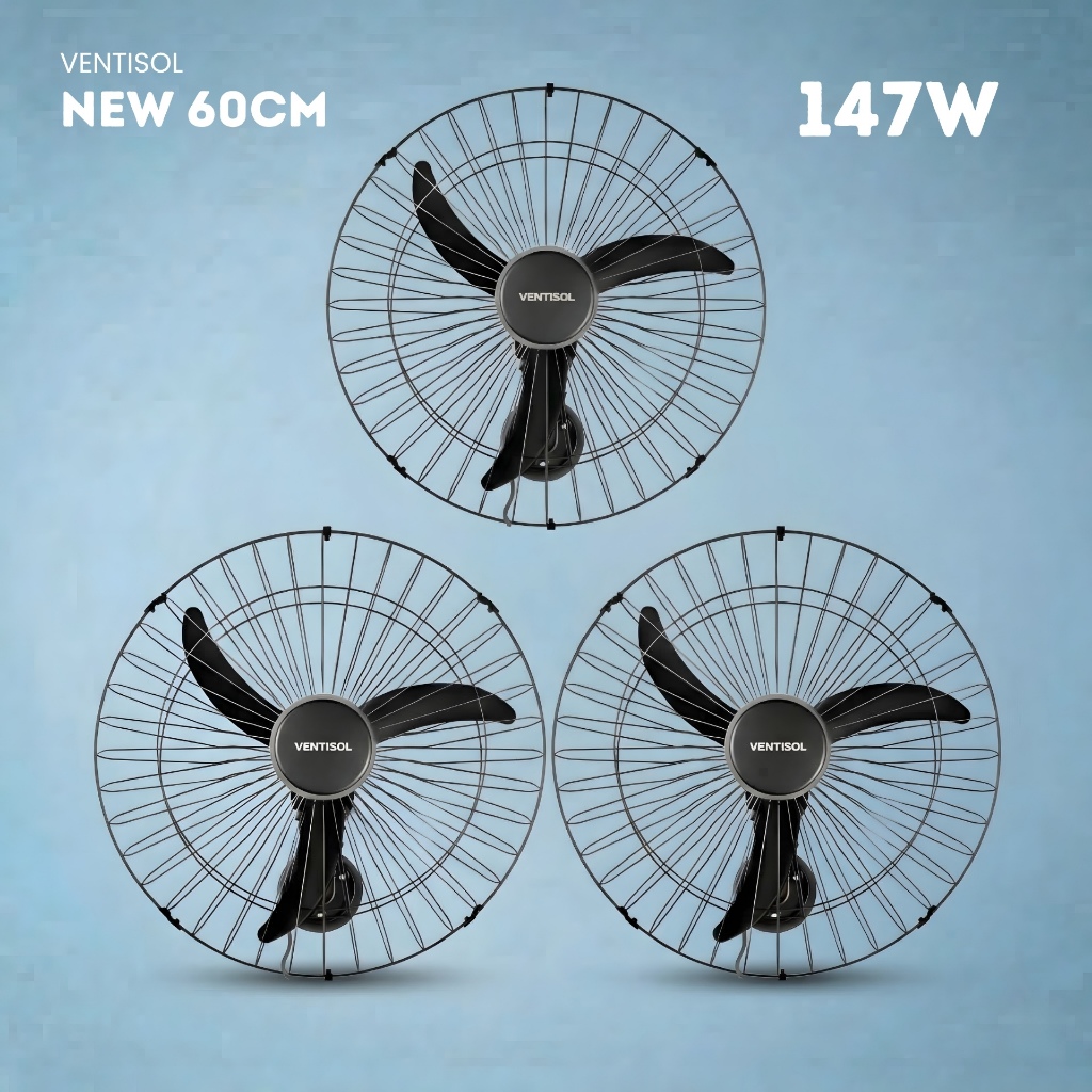Kit 3 Ventilador de Parede New 60cm Ventisol 147w Preto Grade de Aço Potente p/ Igreja Escola Lojas