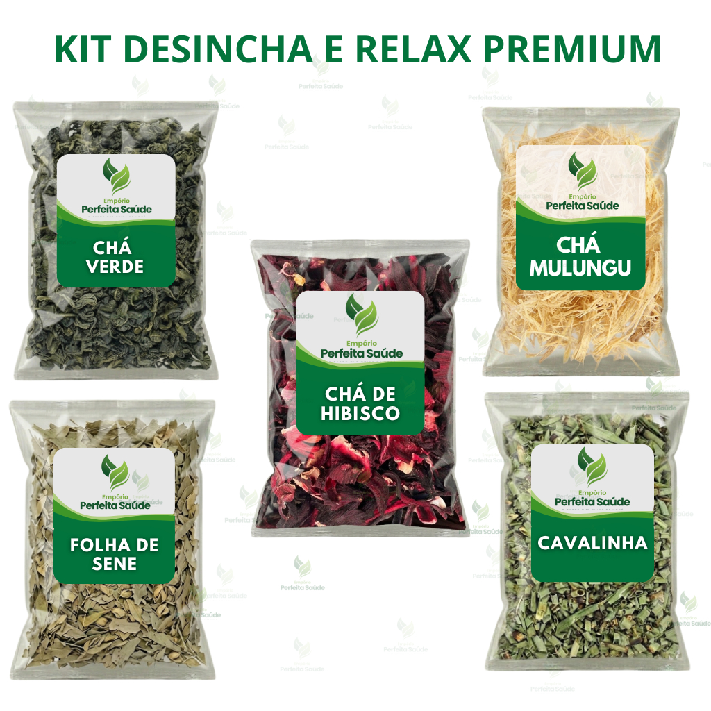 Kit Desinchá e Relax Premium - Hibisco, Cavalinha, Chá Verde, Sene e Mulungu 500g