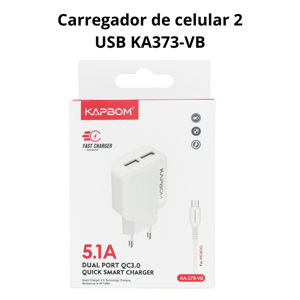 Carregador de celular 2 USB KA373-VB, carregador de celular 2 em 1, carregador de celular carga rápida