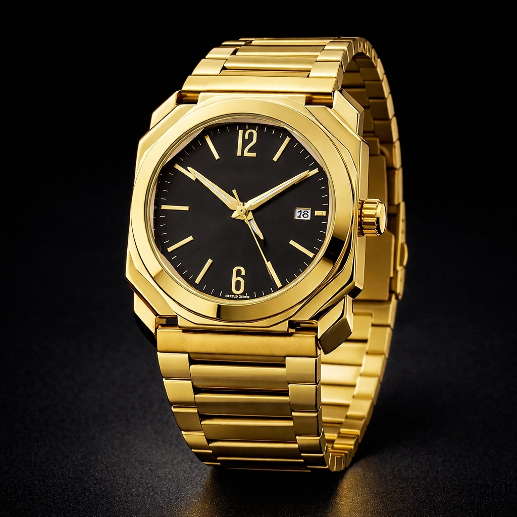 Relógio Masculino Octogonal Luxo Aço Inoxidável Elegante Acabamento Premium