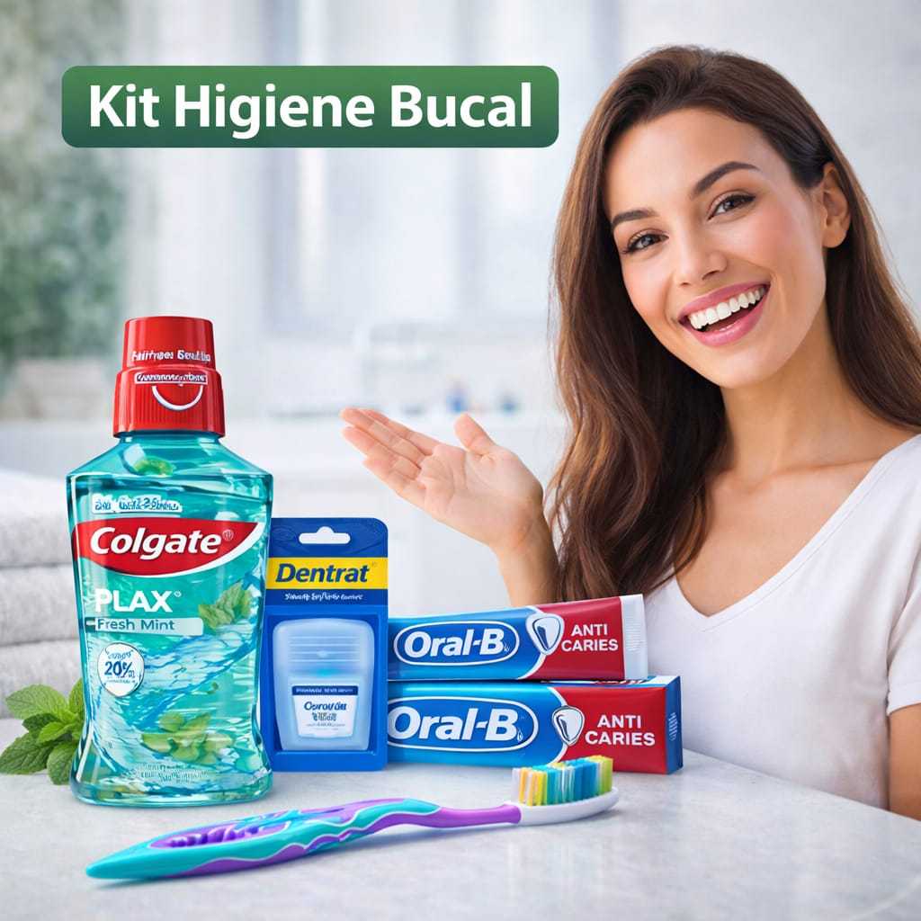 Enxaguante Bucal Colgate + Fio Dental + Creme Dental Oral B + Escova de Dente