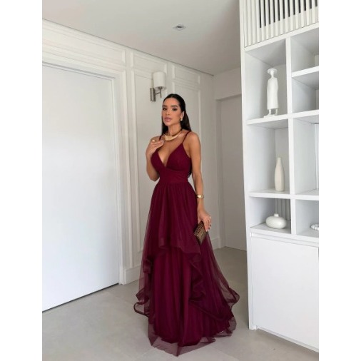 Vestido de Festa Marsala Com Alça em Tule - Para Madrinhas, Convidadas e Formandas.