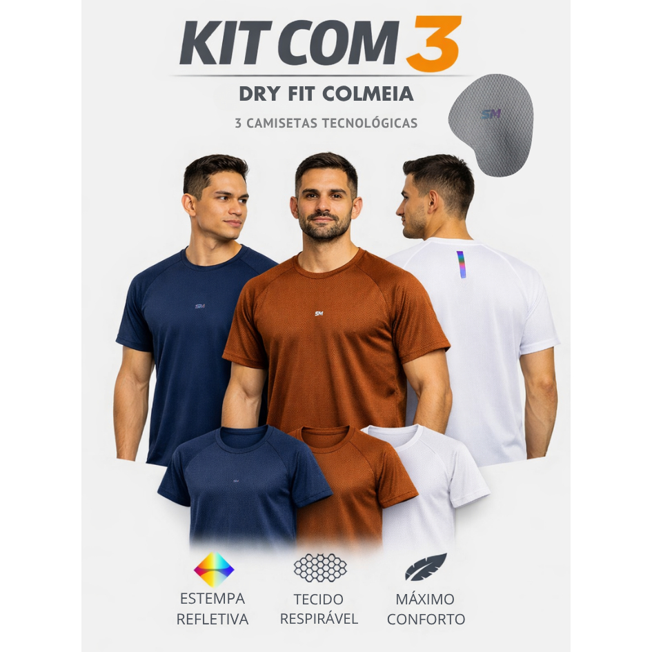 Kit 3 Camisetas Masculinas Dry Fit Colmeia Academia Treino Corrida – Tecido Respirável e Refletivo