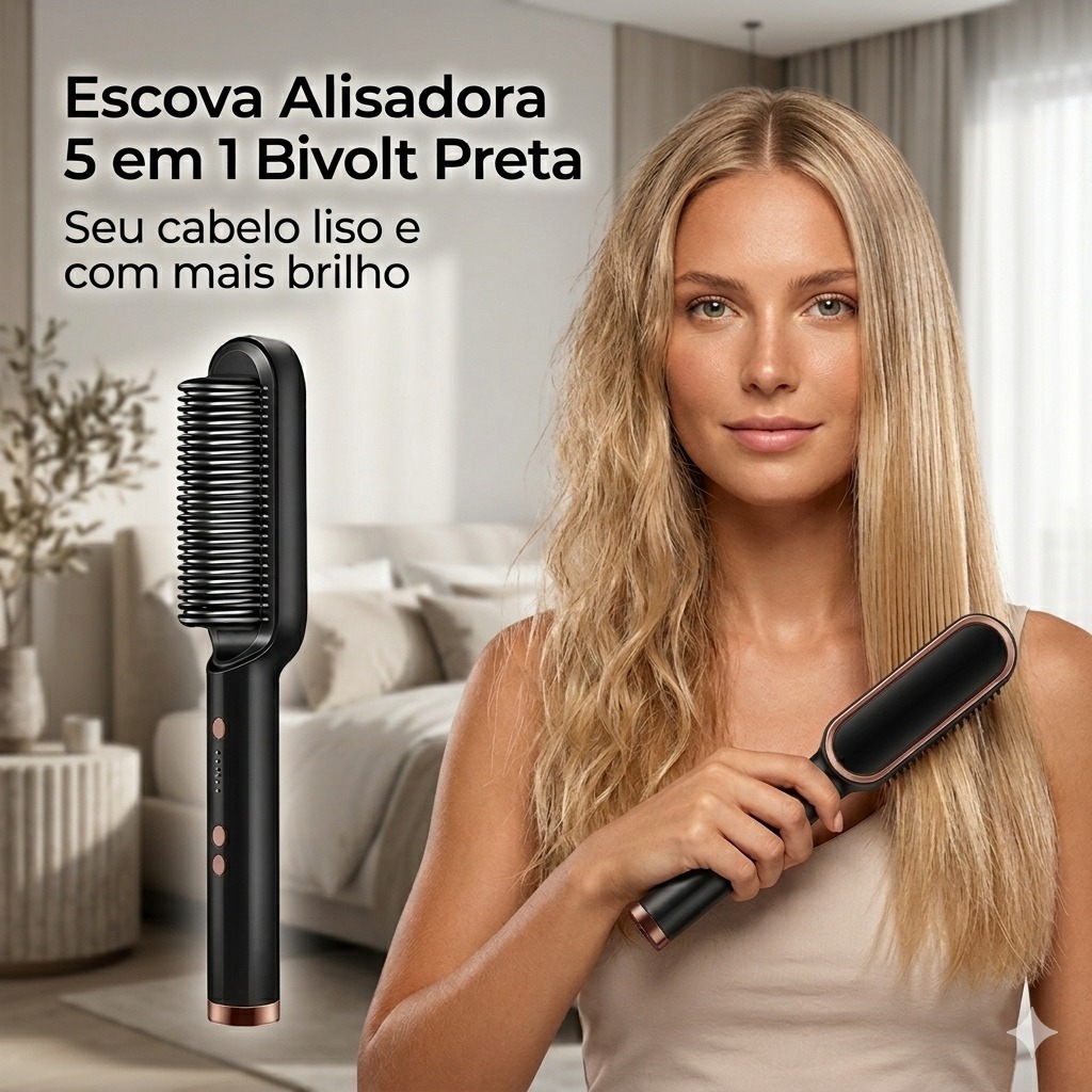 Escova Alisadora 5 em 1 Alisa, Hidrata, Modela, Alinha e Anti-Frizz Escova Mágica Bivolt PRETA