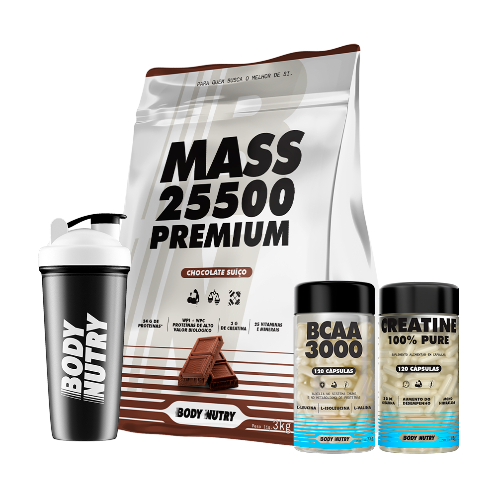 Suplemento Hipercalórico - Mass 25500 3kg + BCAA 3000 + Creatina 100% Pura 120c + Coqueteleira