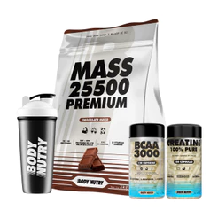 Suplemento Hipercalórico - Mass 25500 3kg + BCAA 3000 + Creatina 100% Pura 120c + Coqueteleira