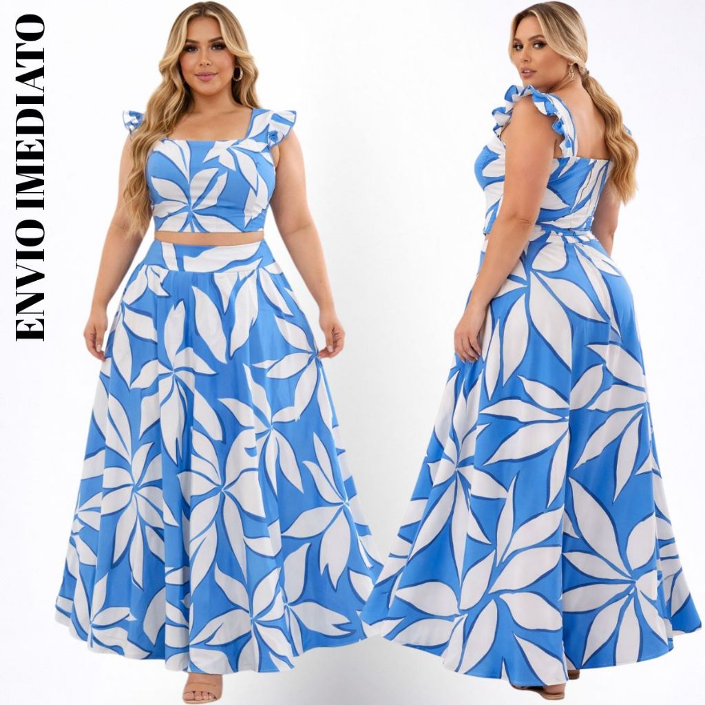 Conjunto Godê Cropped Saia Fluía Longo Plus Size Moda Maior Feminina Confortável sem manga Casual estação dia a dia