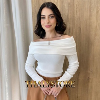 Blusa Ombro a Ombro  com babado manga longa em Ribana de Algodão PP, P,M,G em Oferta na Shopee