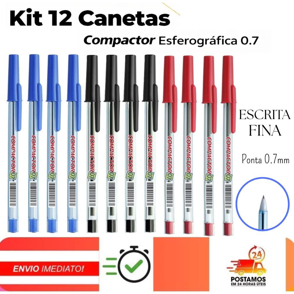 Kit 12 Canetas Compactor Esferográficas Escrita Fina / Macia 0.7mm- Azul, Preto, Vermelho, ORIGINAL, Material Escola
