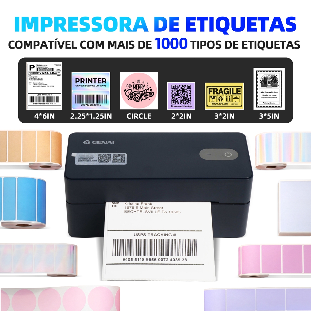 Impressora Térmica de Etiquetas Bluetooth USB, Impressora de Envio 4x6 Polegadas, Compatível Android iOS Windows — imagem 2 de 2