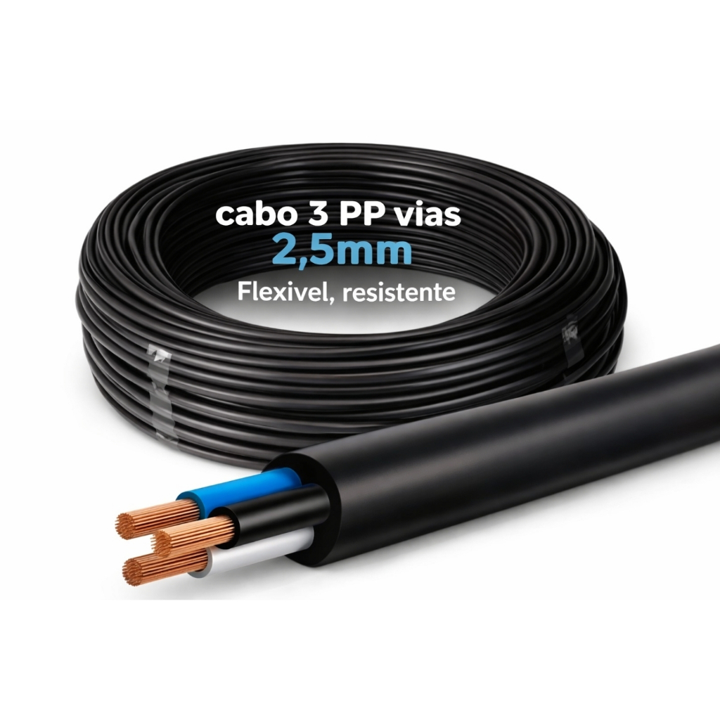 Fio Cabo Pp 2,5mm Flexivel 3x2,5mm 3 Vias Rolo 100 Metros Para Extensão Cor Preto Marca Ecopack