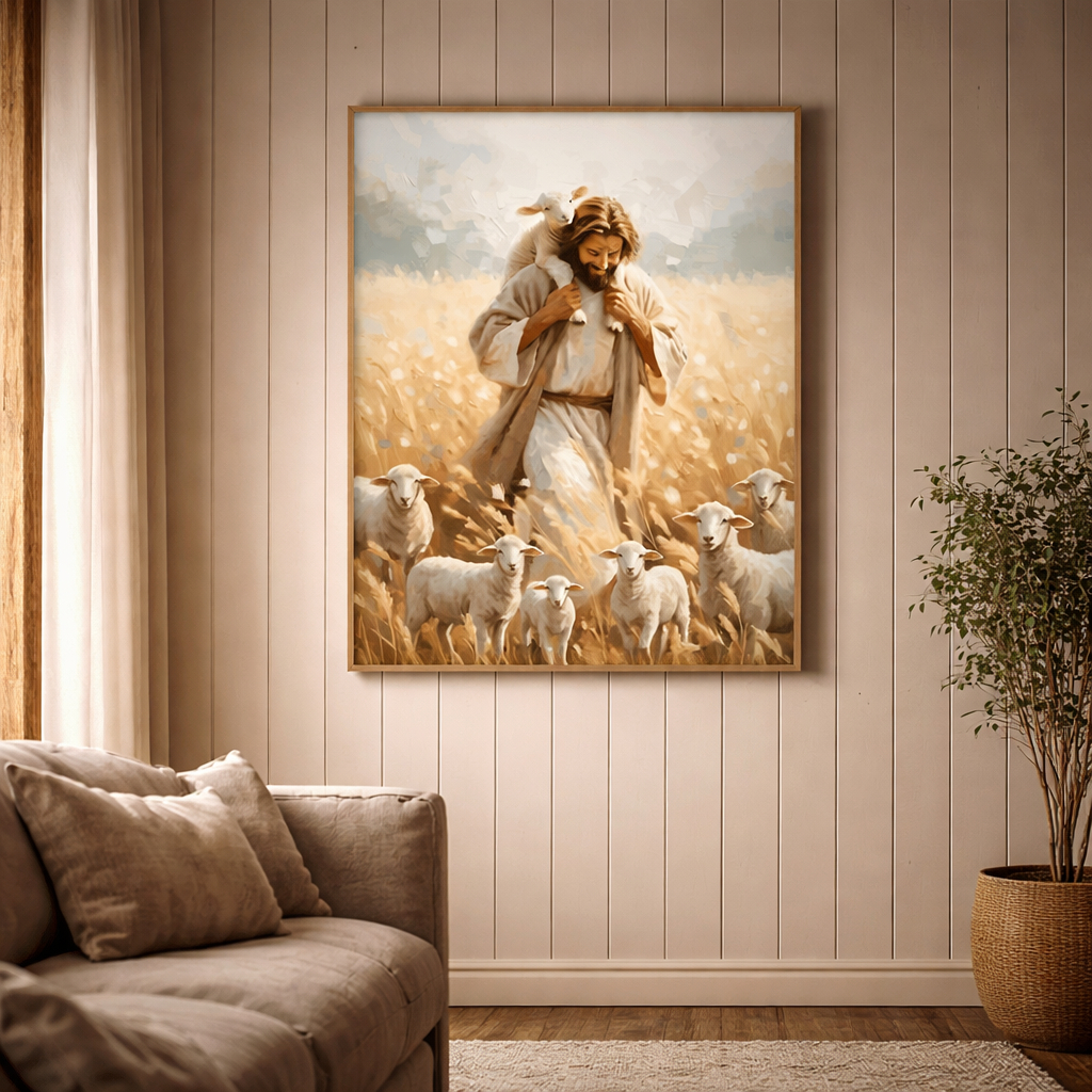 Quadro Decorativo Pintura Jesus o Bom Pastor Com Rebanho De Ovelhas Minimalista Sereno Contemporâneo