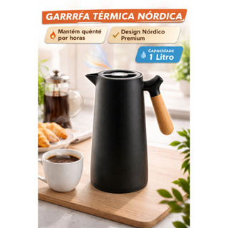 Garrafa Térmica 1L Nórdica Preta Cabo Madeira Café Chá Quente Frio Premium Elegante em Oferta na Shopee