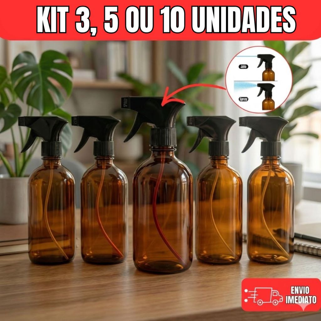 Kit Borrifador 500ml Âmbar com Gatilho Spray Profissional - 3, 5 ou 10 Unidades Kit Frasco Pet