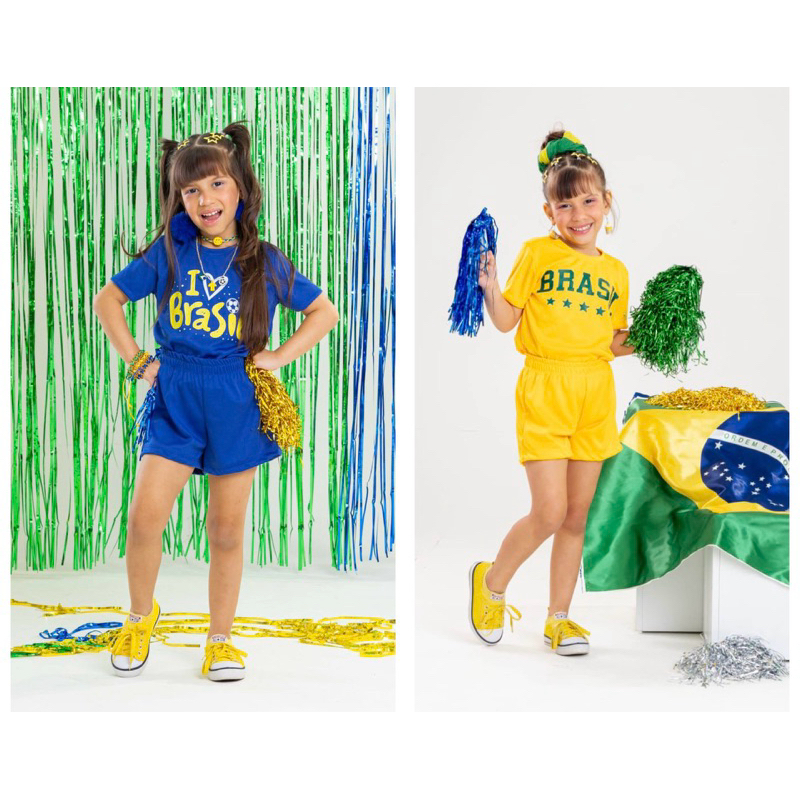 Conjunto Brasil infantil roupa brasil menina blusa + shorts azul ou amarelo