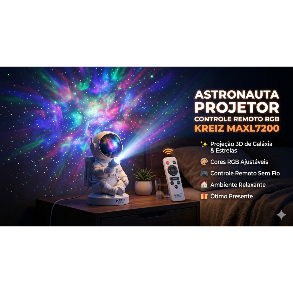 ASTRONAUTA PROJETOR LUMINÁRIA CONTROLE REMOTO RGB KREIZ MAXL7200 LED GALÁXIA