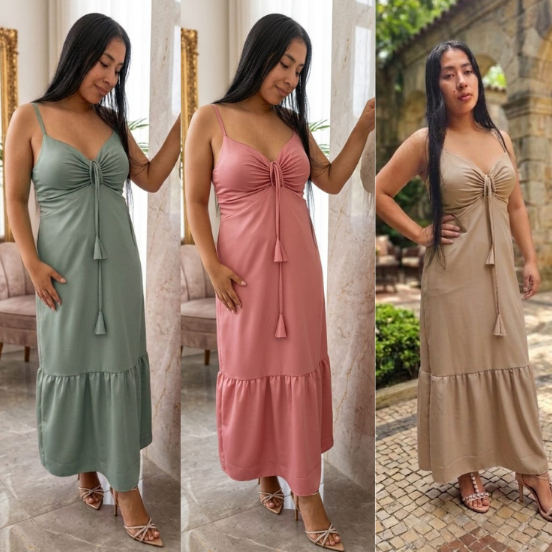 Vestido Feminino Midi Longo com alça regulaveis com Bojo FORRO Detalhe no Peito regulavel MODA TENDENCIA 2026