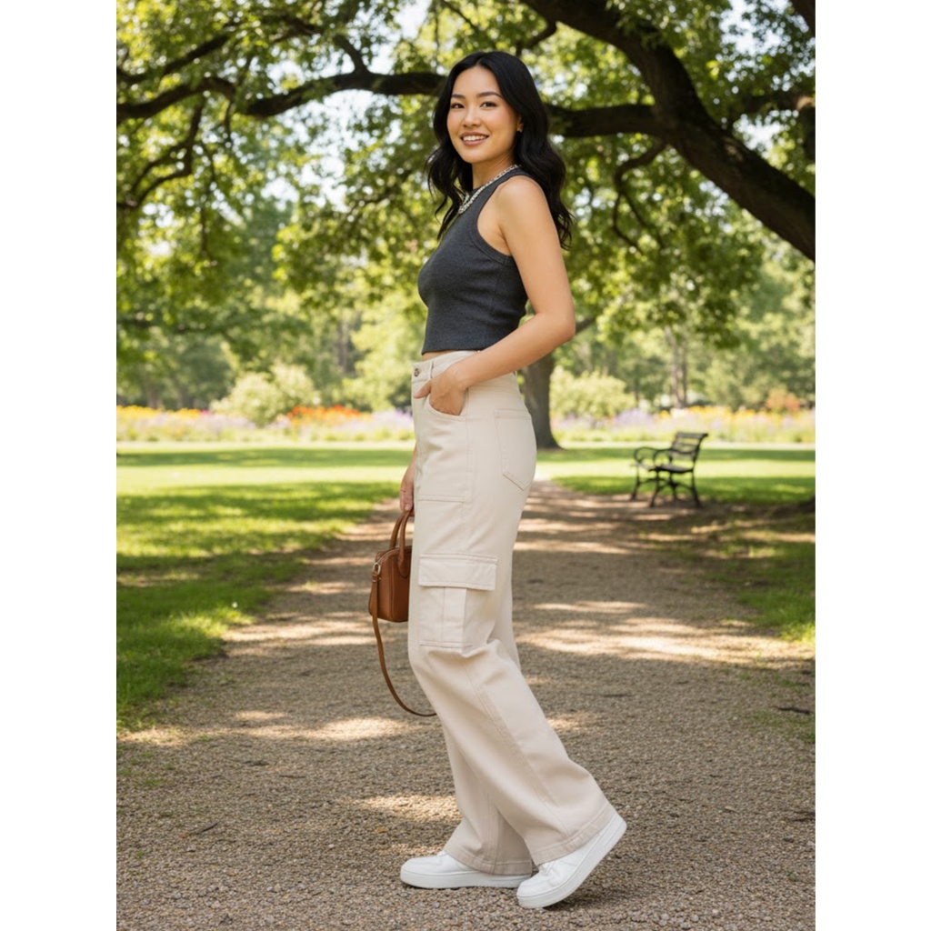 Calça Cargo jeans feminina tem bolsos com ziper